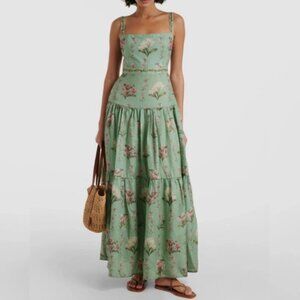 Agua by Agua Bendita  Green layered linen maxi dress with Lima linen embroidery